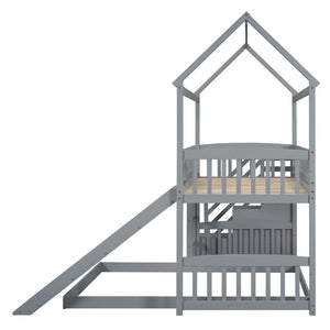 English Elm Twin Over Full Bunk Bed Playhouse Design with Slide Storage Staircase Gray Kids LT100129AAE-1