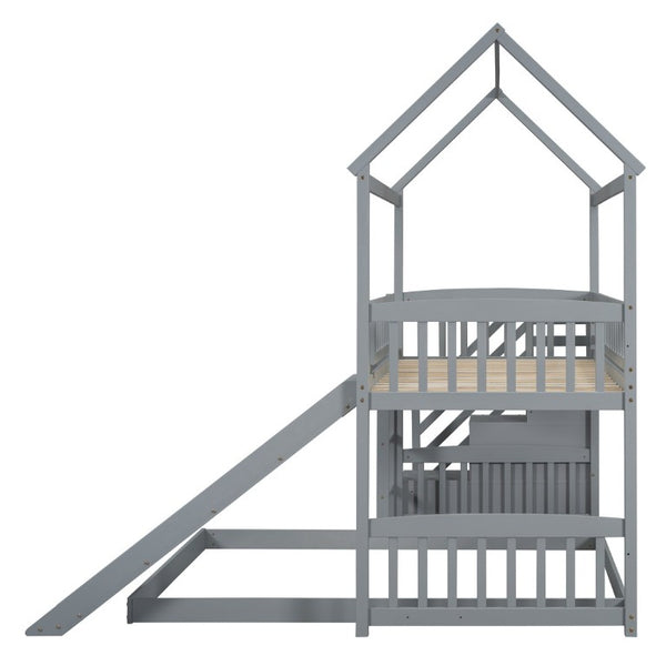 English Elm Twin Over Full Bunk Bed Playhouse Design with Slide Storage Staircase Gray Kids LT100129AAE-1