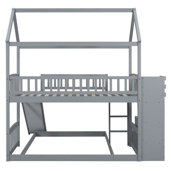 English Elm Twin Over Full Bunk Bed Playhouse Design with Slide Storage Staircase Gray Kids LT100129AAE-1