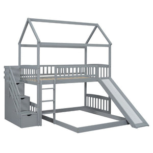 English Elm Twin Over Full Bunk Bed Playhouse Design with Slide Storage Staircase Gray Kids LT100129AAE-1