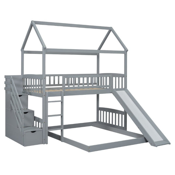 English Elm Twin Over Full Bunk Bed Playhouse Design with Slide Storage Staircase Gray Kids LT100129AAE-1