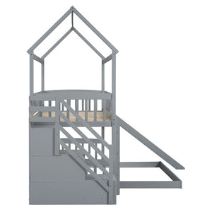 English Elm Twin Over Full Bunk Bed Playhouse Design with Slide Storage Staircase Gray Kids LT100129AAE-1