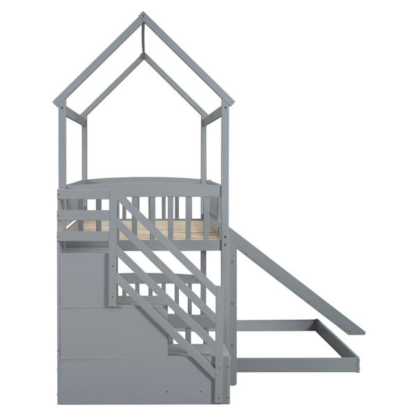 English Elm Twin Over Full Bunk Bed Playhouse Design with Slide Storage Staircase Gray Kids LT100129AAE-1