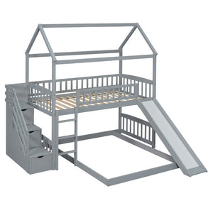English Elm Twin Over Full Bunk Bed Playhouse Design with Slide Storage Staircase Gray Kids LT100129AAE-1