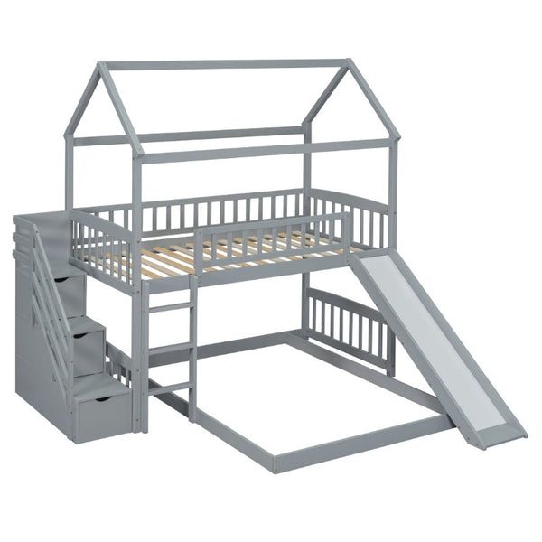 English Elm Twin Over Full Bunk Bed Playhouse Design with Slide Storage Staircase Gray Kids LT100129AAE-1