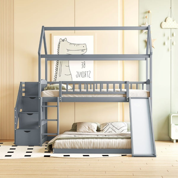 English Elm Twin Over Full Bunk Bed Playhouse Design with Slide Storage Staircase Gray Kids LT100129AAE-1