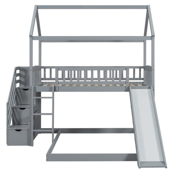 English Elm Twin Over Full Bunk Bed Playhouse Design with Slide Storage Staircase Gray Kids LT100129AAE-1