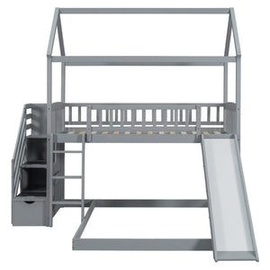 English Elm Twin Over Full Bunk Bed Playhouse Design with Slide Storage Staircase Gray Kids LT100129AAE-1