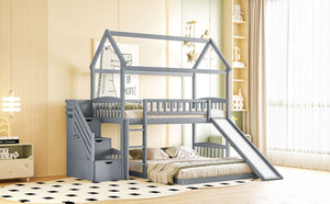 English Elm Twin Over Full Bunk Bed Playhouse Design with Slide Storage Staircase Gray Kids LT100129AAE-1