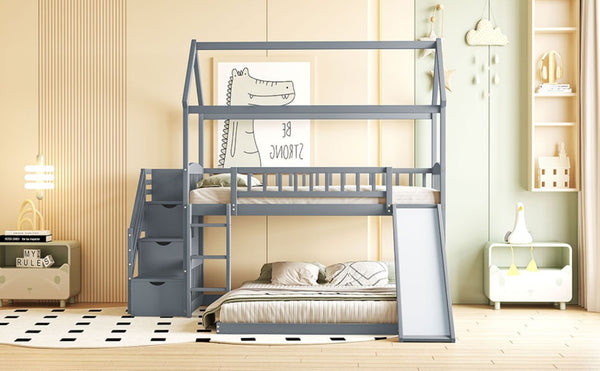 English Elm Twin Over Full Bunk Bed Playhouse Design with Slide Storage Staircase Gray Kids LT100129AAE-1