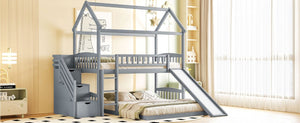 English Elm Twin Over Full Bunk Bed Playhouse Design with Slide Storage Staircase Gray Kids LT100129AAE-1