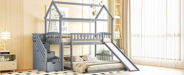 English Elm Twin Over Full Bunk Bed Playhouse Design with Slide Storage Staircase Gray Kids LT100129AAE-1