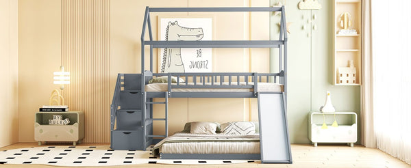 English Elm Twin Over Full Bunk Bed Playhouse Design with Slide Storage Staircase Gray Kids LT100129AAE-1