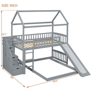 English Elm Twin Over Full Bunk Bed Playhouse Design with Slide Storage Staircase Gray Kids LT100129AAE-1