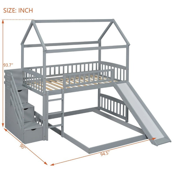 English Elm Twin Over Full Bunk Bed Playhouse Design with Slide Storage Staircase Gray Kids LT100129AAE-1