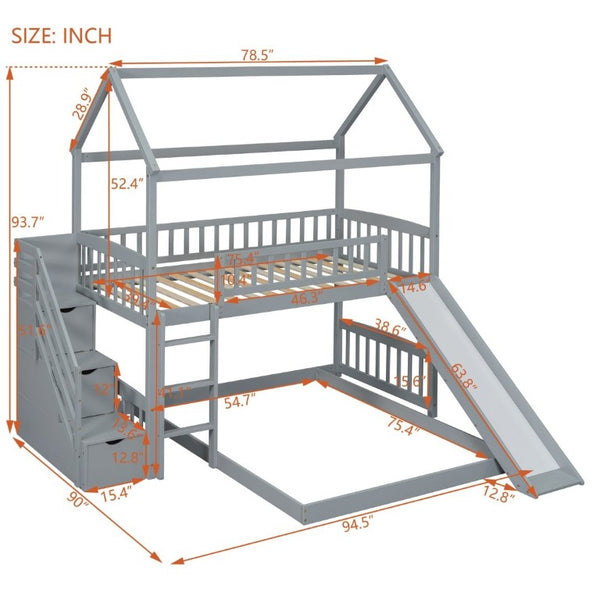 English Elm Twin Over Full Bunk Bed Playhouse Design with Slide Storage Staircase Gray Kids LT100129AAE-1
