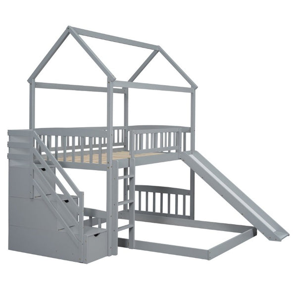 English Elm Twin Over Full Bunk Bed Playhouse Design with Slide Storage Staircase Gray Kids LT100129AAE-1