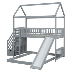 English Elm Twin Over Full Bunk Bed Playhouse Design with Slide Storage Staircase Gray Kids LT100129AAE-1