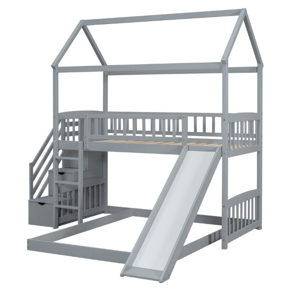 English Elm Twin Over Full Bunk Bed Playhouse Design with Slide Storage Staircase Gray Kids LT100129AAE-1