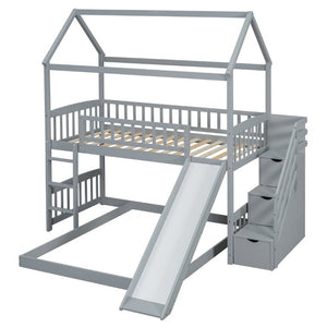 English Elm Twin Over Full Bunk Bed Playhouse Design with Slide Storage Staircase Gray Kids LT100129AAE-1