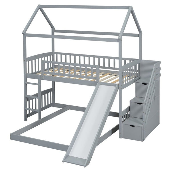 English Elm Twin Over Full Bunk Bed Playhouse Design with Slide Storage Staircase Gray Kids LT100129AAE-1