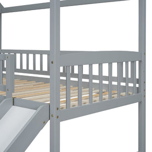 English Elm Twin Over Full Bunk Bed Playhouse Design with Slide Storage Staircase Gray Kids LT100129AAE-1