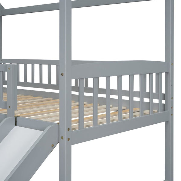 English Elm Twin Over Full Bunk Bed Playhouse Design with Slide Storage Staircase Gray Kids LT100129AAE-1