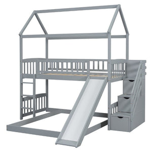 English Elm Twin Over Full Bunk Bed Playhouse Design with Slide Storage Staircase Gray Kids LT100129AAE-1