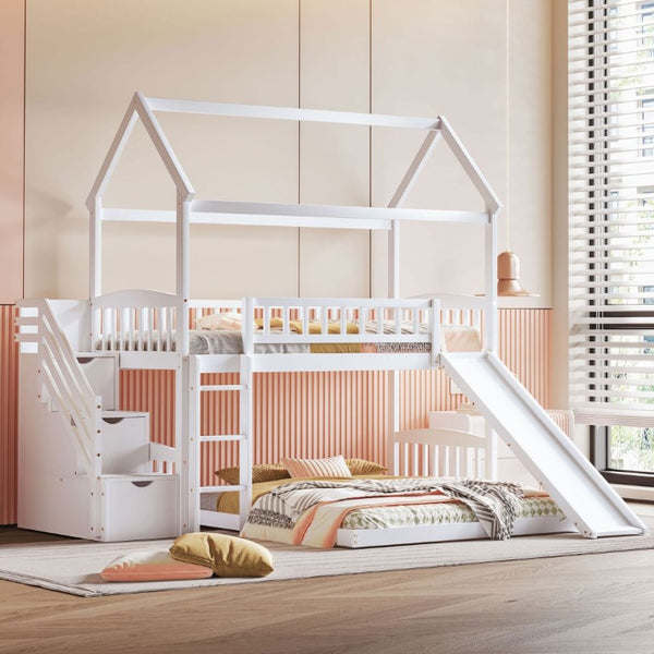 English Elm Twin Over Full Kids Bunk Bed with Slide Staircase Storage and Playhouse Frame LT100129AAK-1