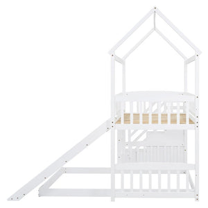 English Elm Twin Over Full Kids Bunk Bed with Slide Staircase Storage and Playhouse Frame LT100129AAK-1