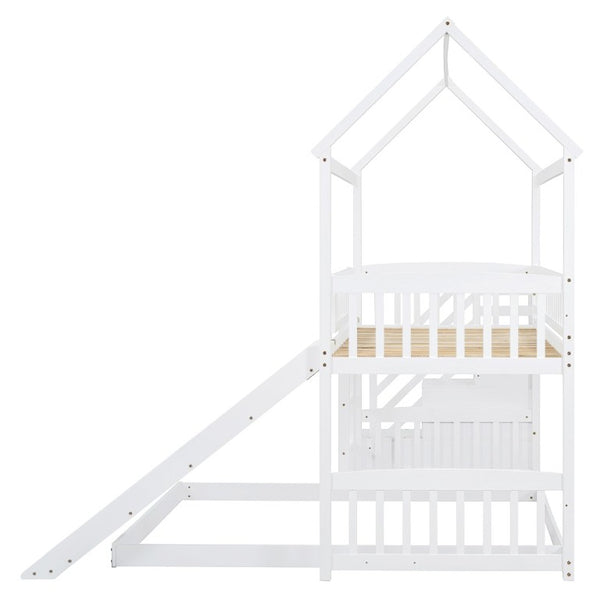 English Elm Twin Over Full Kids Bunk Bed with Slide Staircase Storage and Playhouse Frame LT100129AAK-1