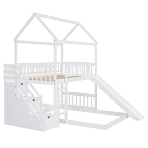 English Elm Twin Over Full Kids Bunk Bed with Slide Staircase Storage and Playhouse Frame LT100129AAK-1