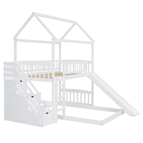 English Elm Twin Over Full Kids Bunk Bed with Slide Staircase Storage and Playhouse Frame LT100129AAK-1