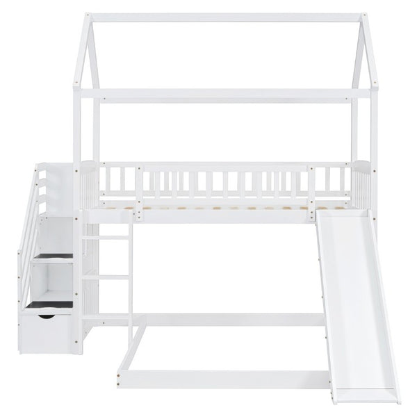 English Elm Twin Over Full Kids Bunk Bed with Slide Staircase Storage and Playhouse Frame LT100129AAK-1