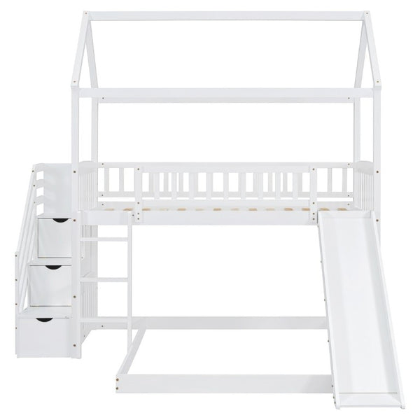 English Elm Twin Over Full Kids Bunk Bed with Slide Staircase Storage and Playhouse Frame LT100129AAK-1