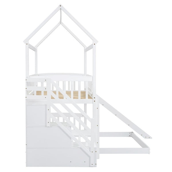 English Elm Twin Over Full Kids Bunk Bed with Slide Staircase Storage and Playhouse Frame LT100129AAK-1