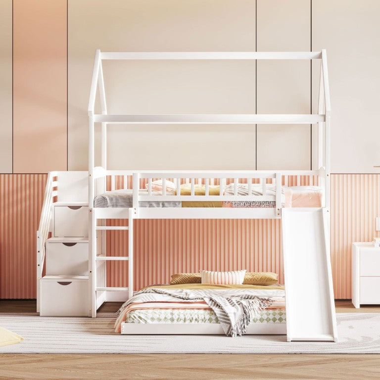 English Elm Twin Over Full Kids Bunk Bed with Slide Staircase Storage and Playhouse Frame LT100129AAK-1