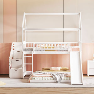 English Elm Twin Over Full Kids Bunk Bed with Slide Staircase Storage and Playhouse Frame LT100129AAK-1