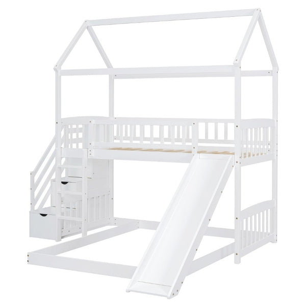 English Elm Twin Over Full Kids Bunk Bed with Slide Staircase Storage and Playhouse Frame LT100129AAK-1