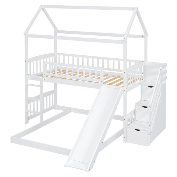 English Elm Twin Over Full Kids Bunk Bed with Slide Staircase Storage and Playhouse Frame LT100129AAK-1