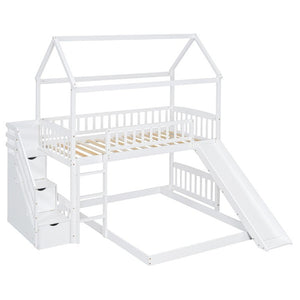 English Elm Twin Over Full Kids Bunk Bed with Slide Staircase Storage and Playhouse Frame LT100129AAK-1