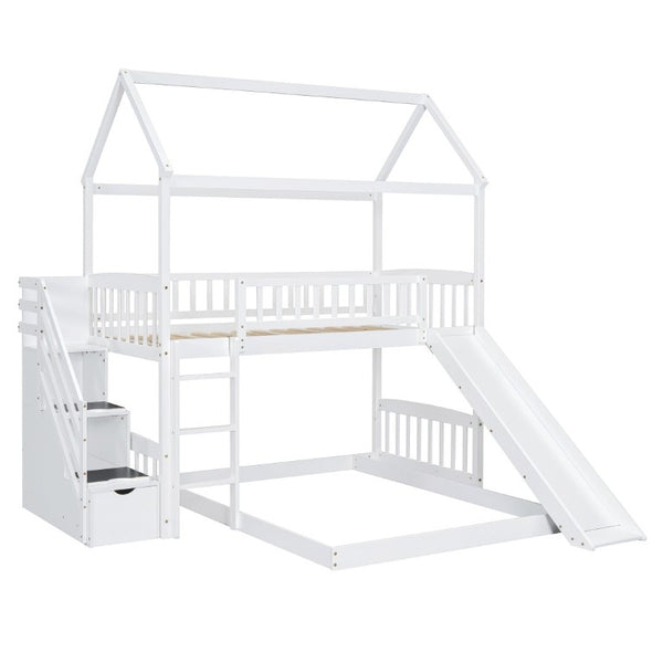 English Elm Twin Over Full Kids Bunk Bed with Slide Staircase Storage and Playhouse Frame LT100129AAK-1
