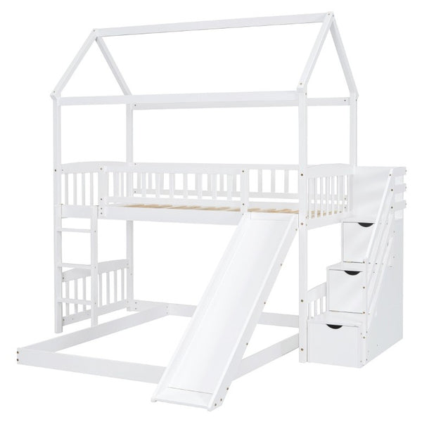 English Elm Twin Over Full Kids Bunk Bed with Slide Staircase Storage and Playhouse Frame LT100129AAK-1