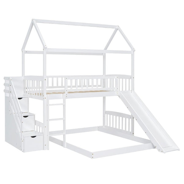English Elm Twin Over Full Kids Bunk Bed with Slide Staircase Storage and Playhouse Frame LT100129AAK-1