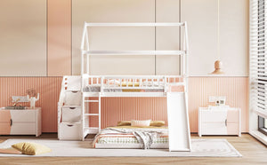 English Elm Twin Over Full Kids Bunk Bed with Slide Staircase Storage and Playhouse Frame LT100129AAK-1
