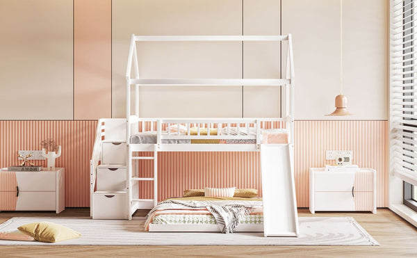 English Elm Twin Over Full Kids Bunk Bed with Slide Staircase Storage and Playhouse Frame LT100129AAK-1