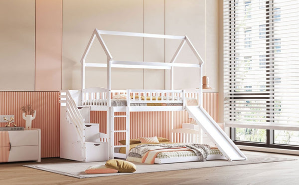 English Elm Twin Over Full Kids Bunk Bed with Slide Staircase Storage and Playhouse Frame LT100129AAK-1