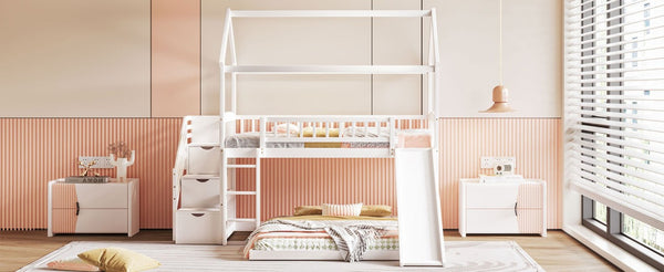 English Elm Twin Over Full Kids Bunk Bed with Slide Staircase Storage and Playhouse Frame LT100129AAK-1