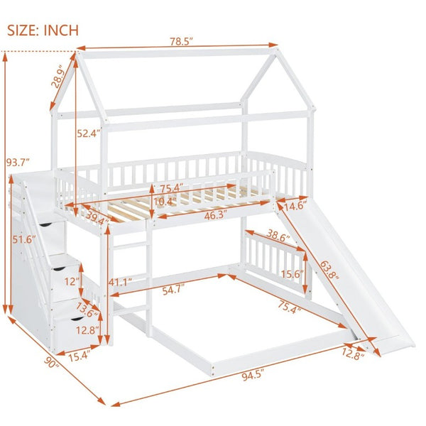 English Elm Twin Over Full Kids Bunk Bed with Slide Staircase Storage and Playhouse Frame LT100129AAK-1