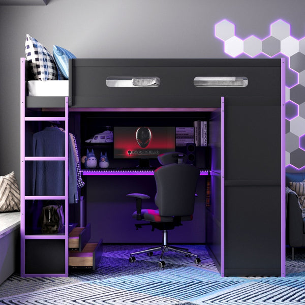 English Elm Full Size Gaming Loft Bed with Rgb Lighting Desk Wardrobe and Mdf Wood Frame LT100261AAI